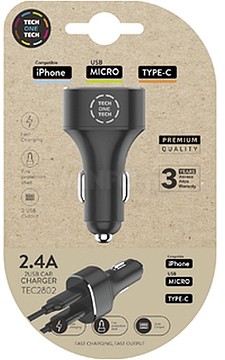 TEC2802:  CARREGADOR TECH ONE TECH 2.4 CARRO DUPLO PARA IPHONE/ USB ...